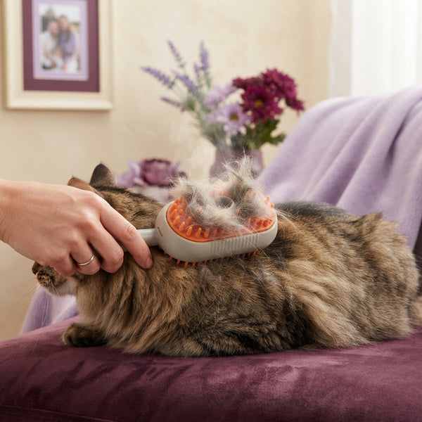 A close-up view of a pet brush removing loose fur from a cat's coat in a cozy, softly lit home setting.