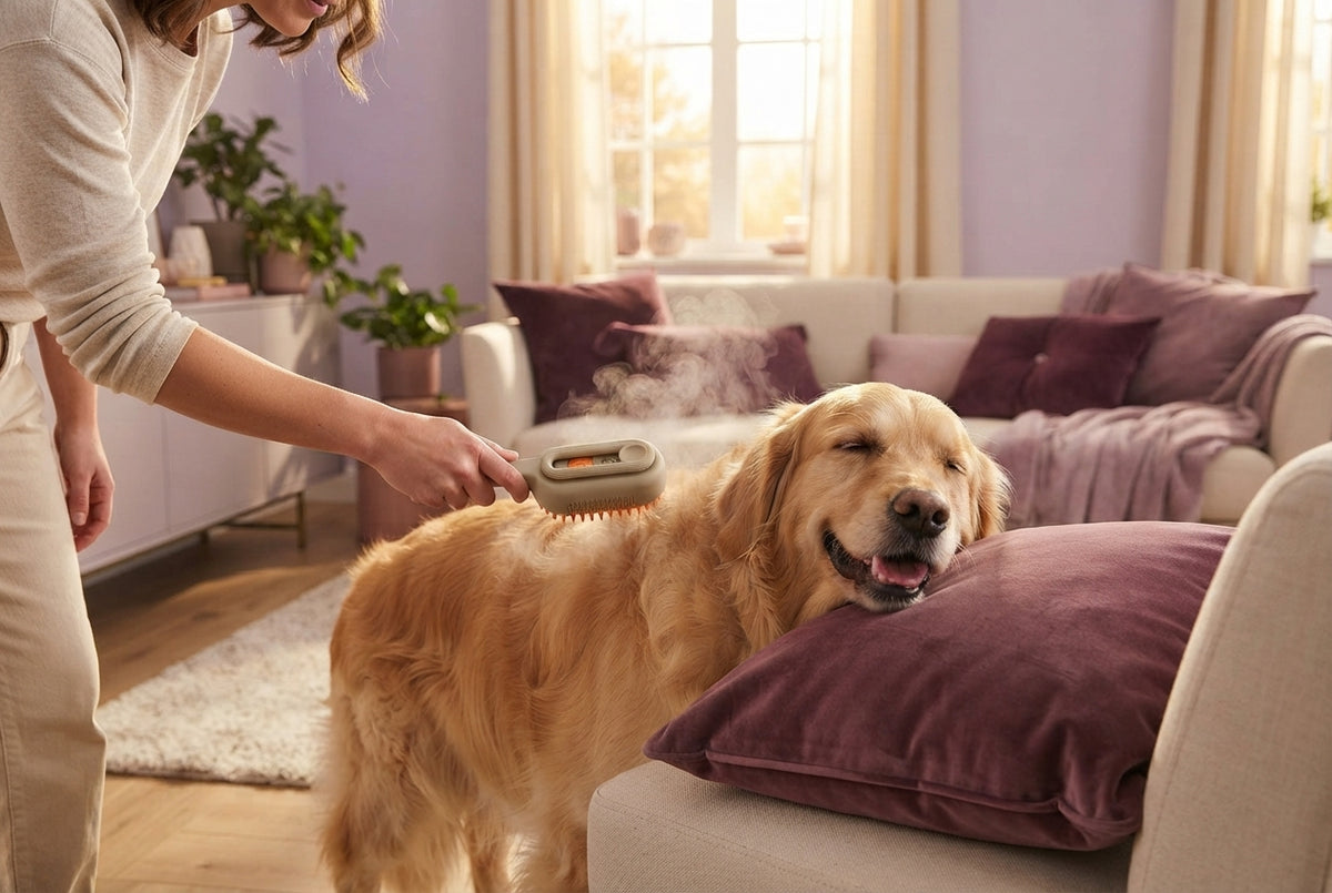 A person grooming a dog with a steam brush in a cozy living room decorated with lavender and cream tones.