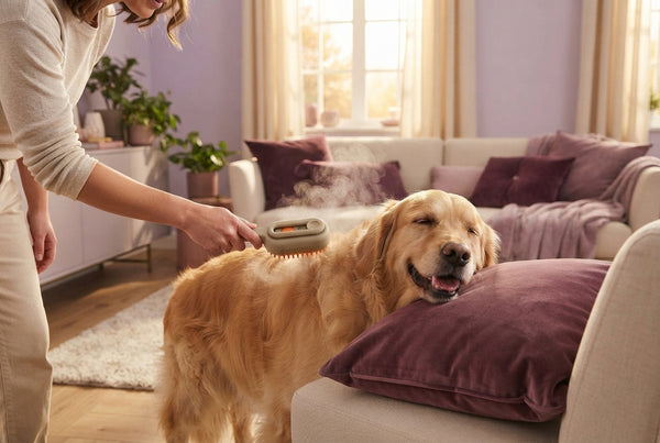 A person grooming a dog with a steam brush in a cozy living room decorated with lavender and cream tones.