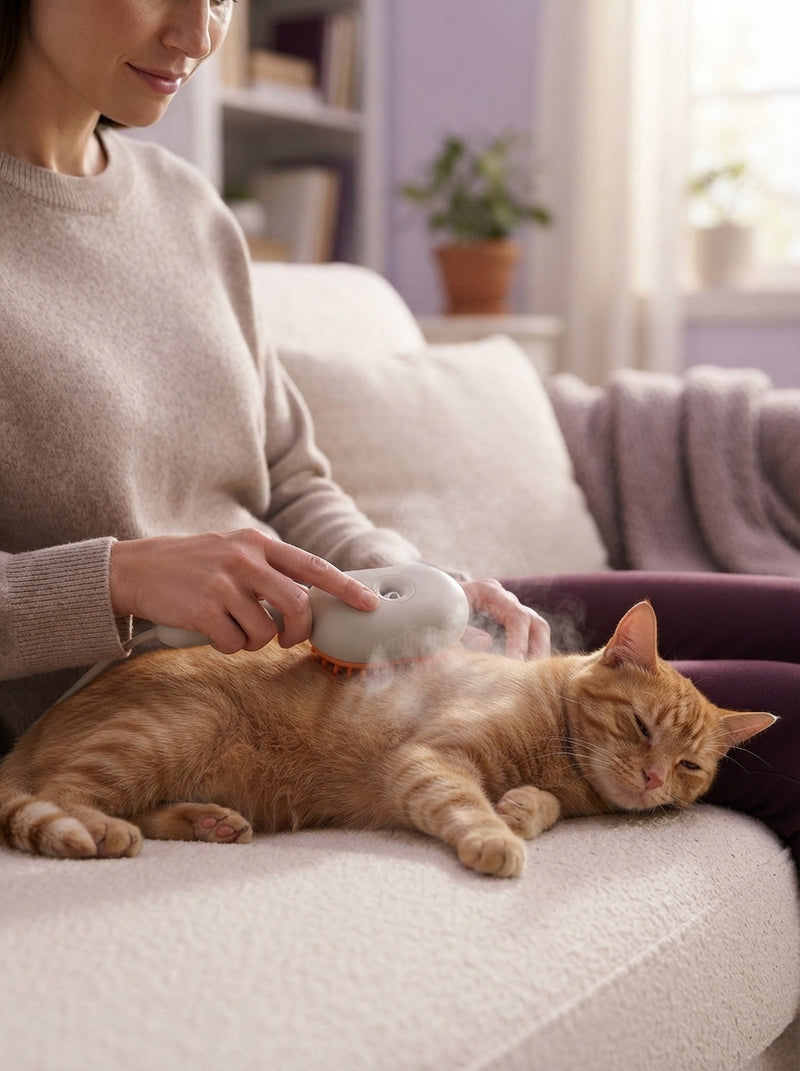 A woman grooming her cat with a steam brush in a cozy living room, illustrating a relaxed home pet care routine.